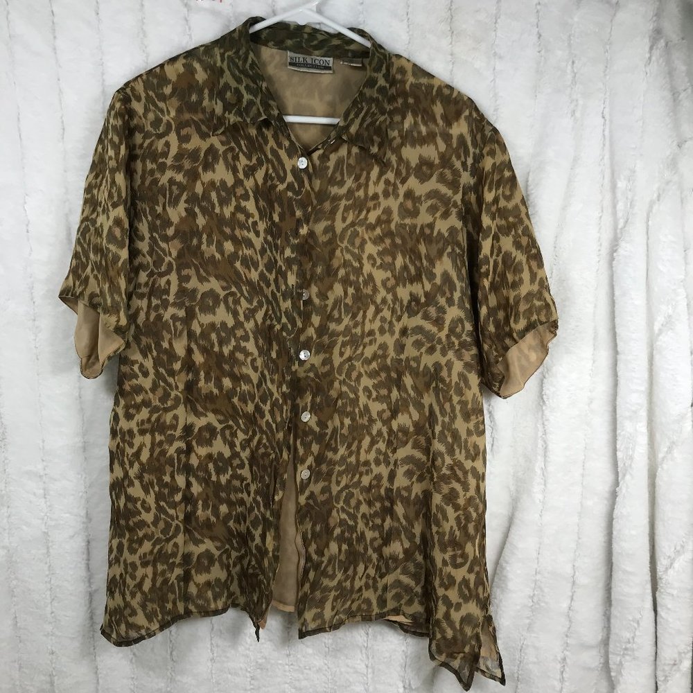 Silk Icon XL Women 100% Silk Leopard Print short sleeves